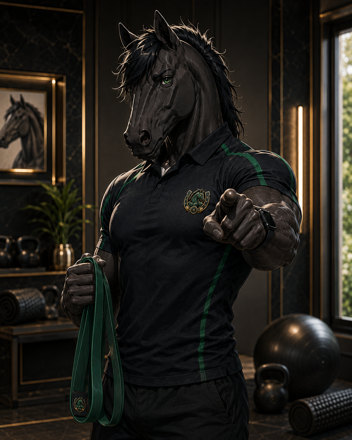 Anthropomorphic horse with green eyes wearing a black and green athletic shirt, holding a medal in a gym with fitness equipment and a framed horse portrait in the background.