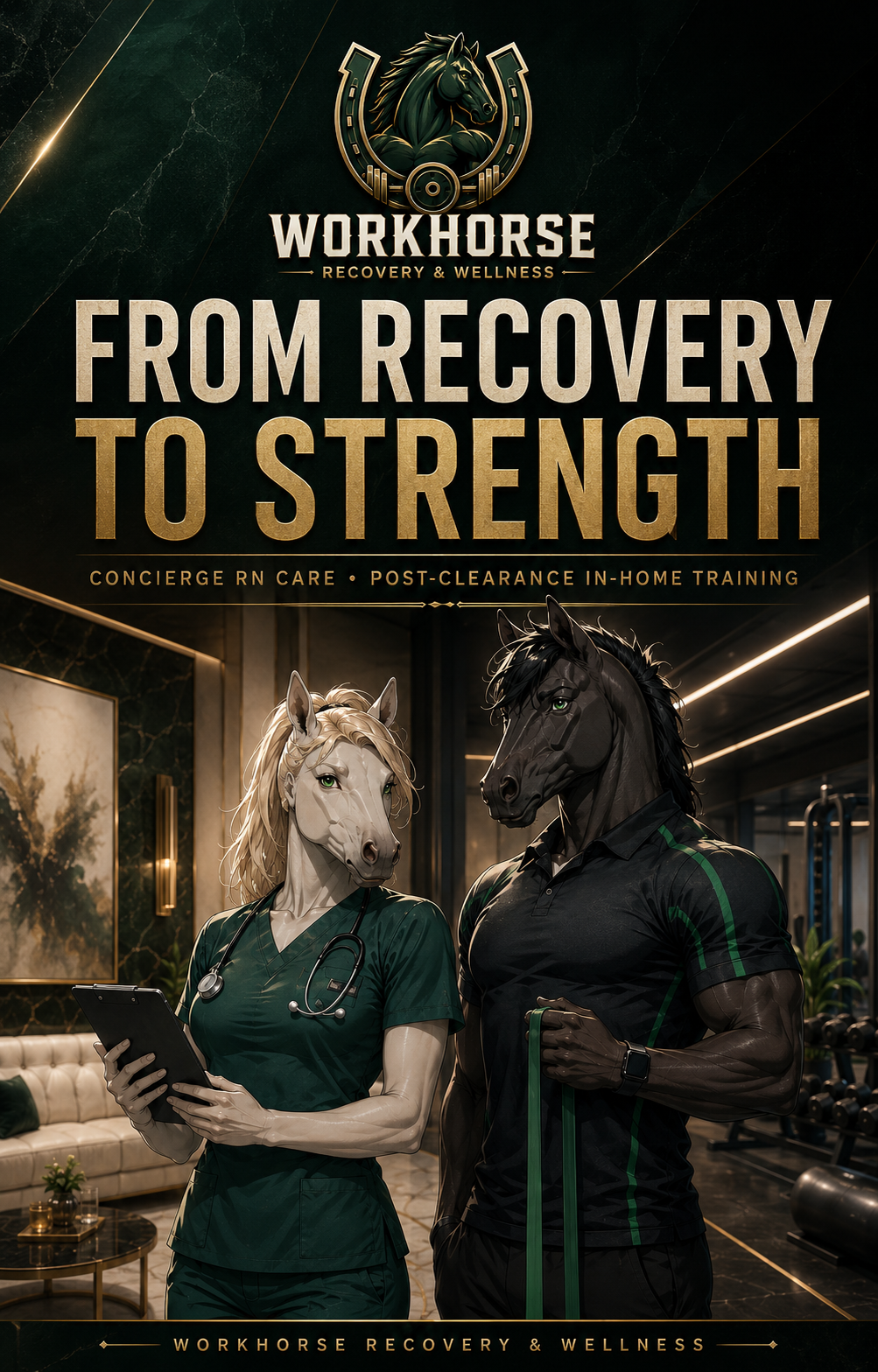 Image of a book cover titled "From Recovery to Strength" with a logo of a horse head at the top. The cover features a female human with a horse head wearing a green medical uniform and holding a tablet, and a male human with a horse head wearing a black athletic shirt, holding a green resistance band, in a gym setting.