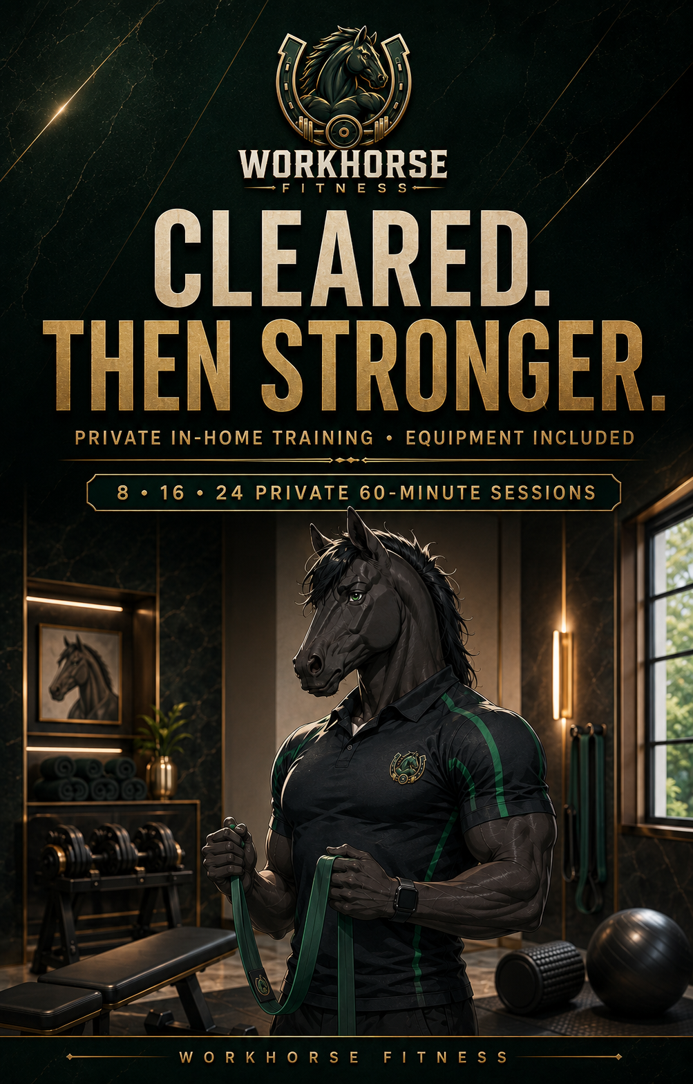 A muscular anthropomorphic horse with a humanoid body, wearing fitness clothes, holding a resistance band in a gym with workout equipment and a window with trees outside.