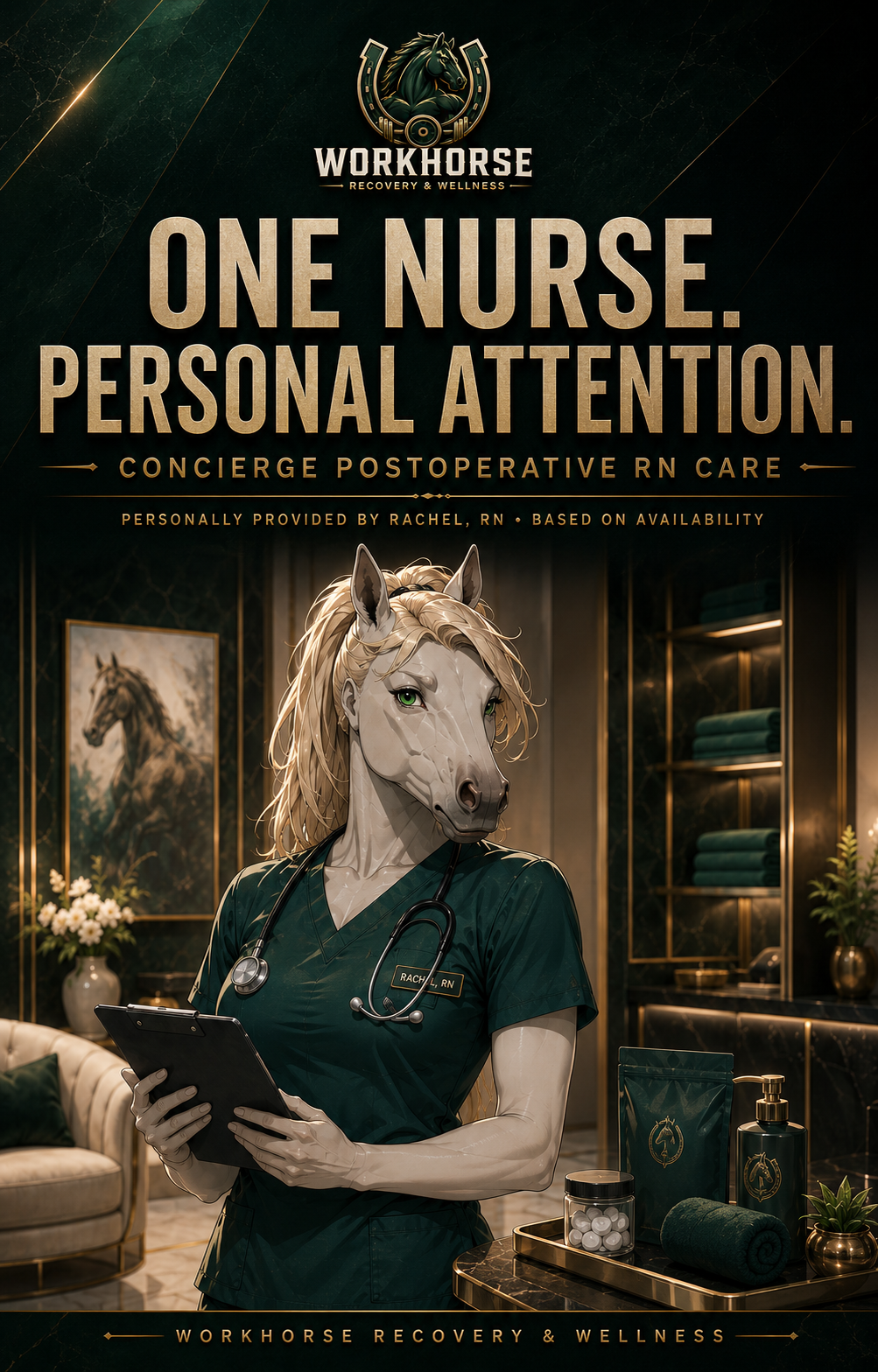 Poster for Workhorse Recovery & Wellness featuring a humanoid horse nurse in green scrubs with a stethoscope, holding a clipboard, in a luxurious office setting.