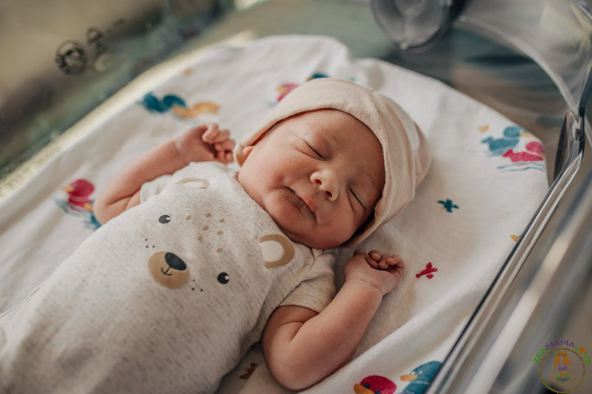 A sleeping newborn baby wrapped in a beige blanket with a bear face pattern, lying in a clear bassinet with a colorful animal-themed sheet, wearing a beige hat.