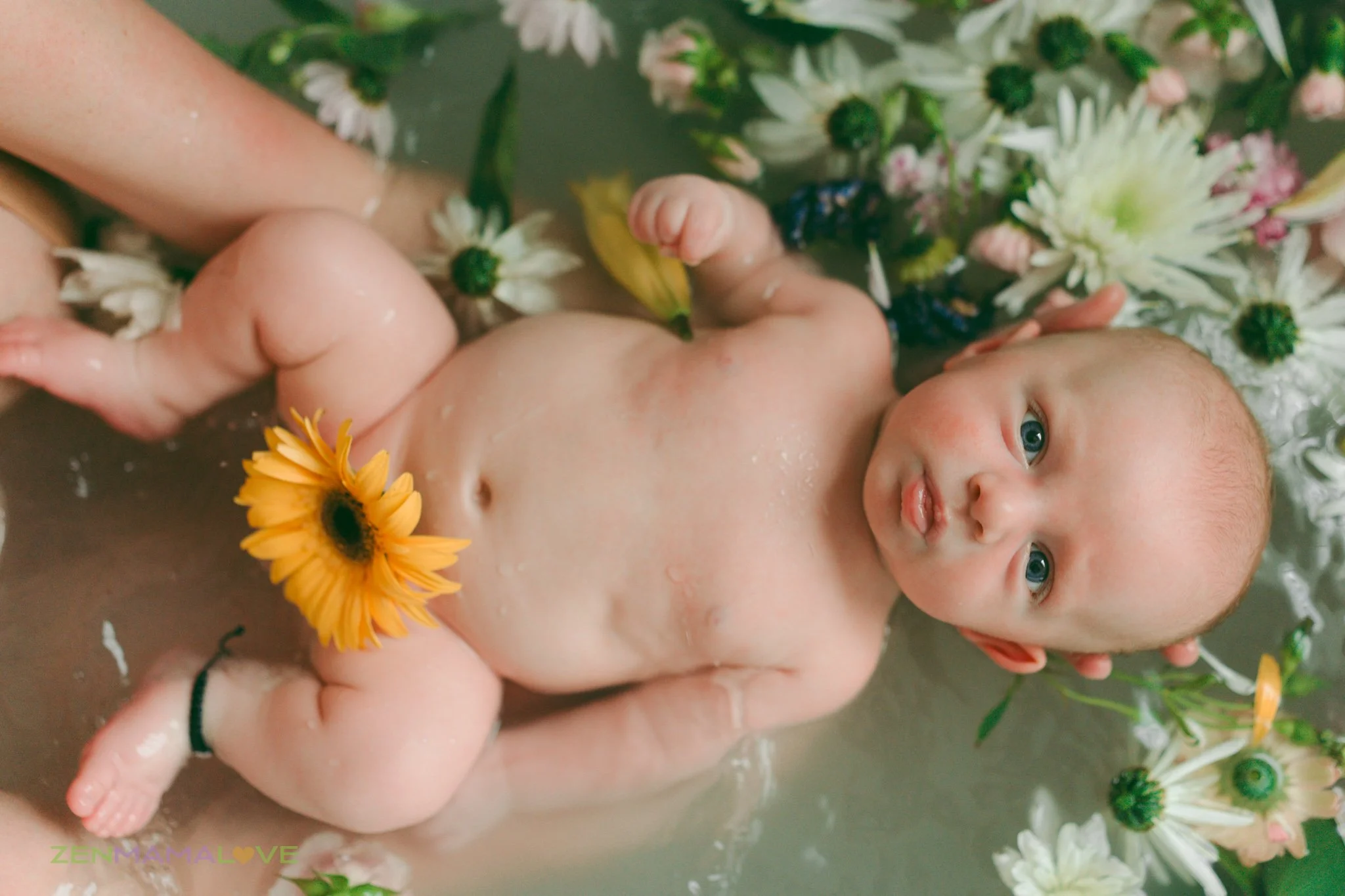 A nude baby lying on a surface surrounded by white and yellow flowers and greenery.