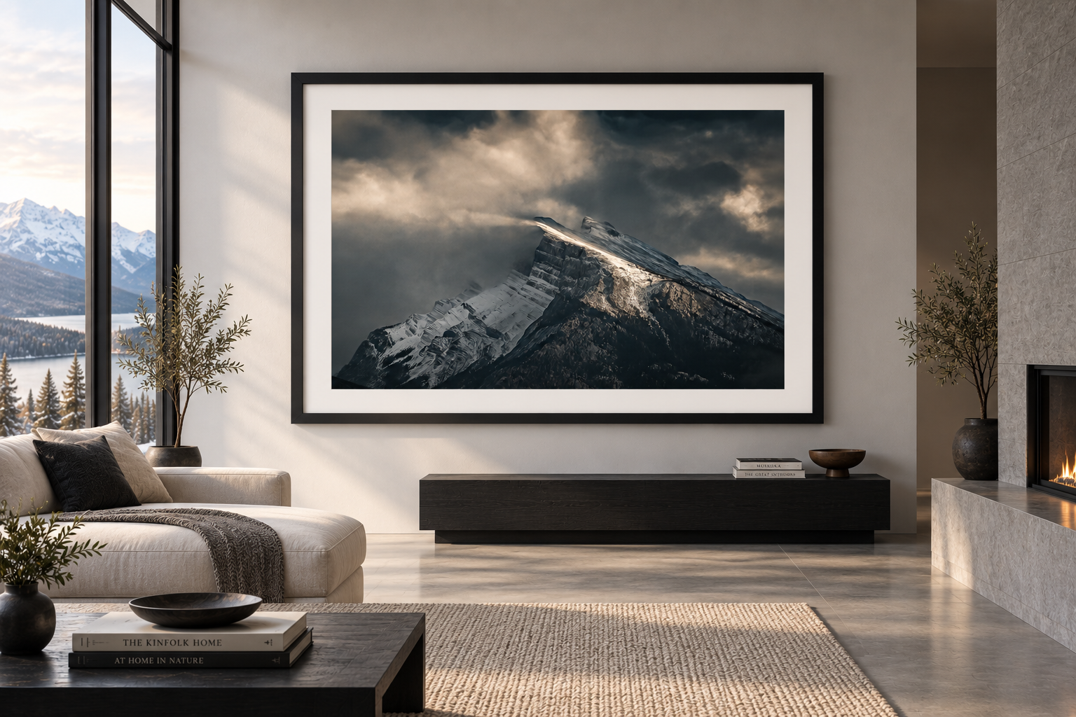 Living room with a large framed photo of a mountain on the wall, beige sofa with pillows, potted plants, black coffee table with books, and a fireplace, with large windows showing a snowy mountain landscape.