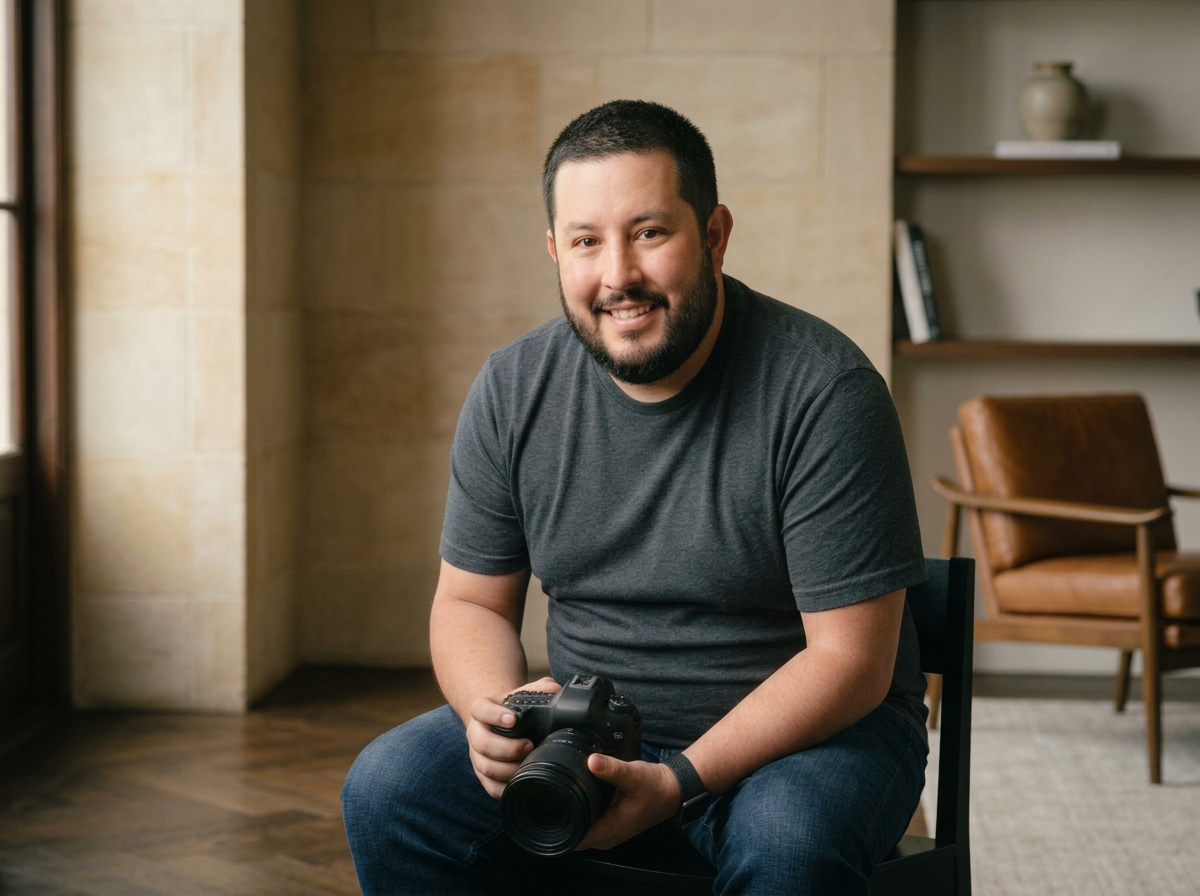 Man with short dark hair and beard sitting with camera in a room with wooden flooring and furniture, smiling at the camera.