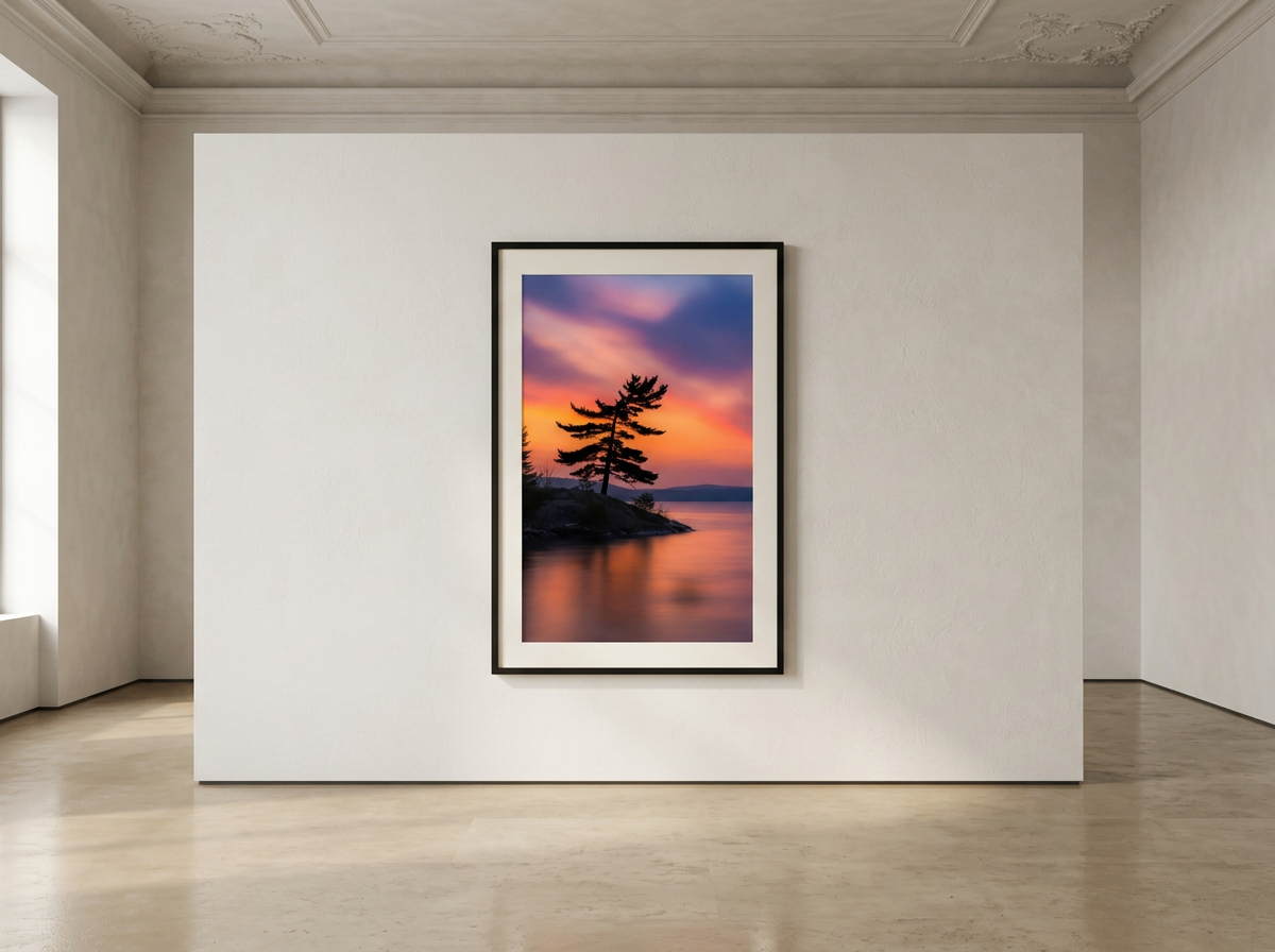 A framed sunset landscape painting hung on a white gallery wall, featuring trees by a body of water with a colorful, cloudy sky.