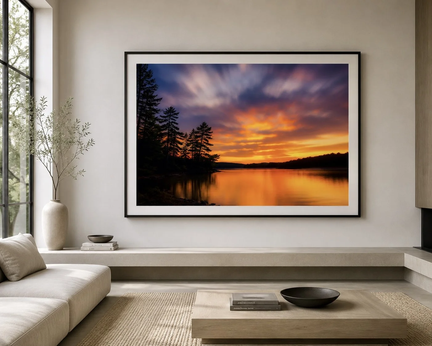Living room with large framed sunset and lake photograph on the wall, beige sofa, off-white vase with branches, a wooden coffee table with books and a black bowl, large window, minimal decor.