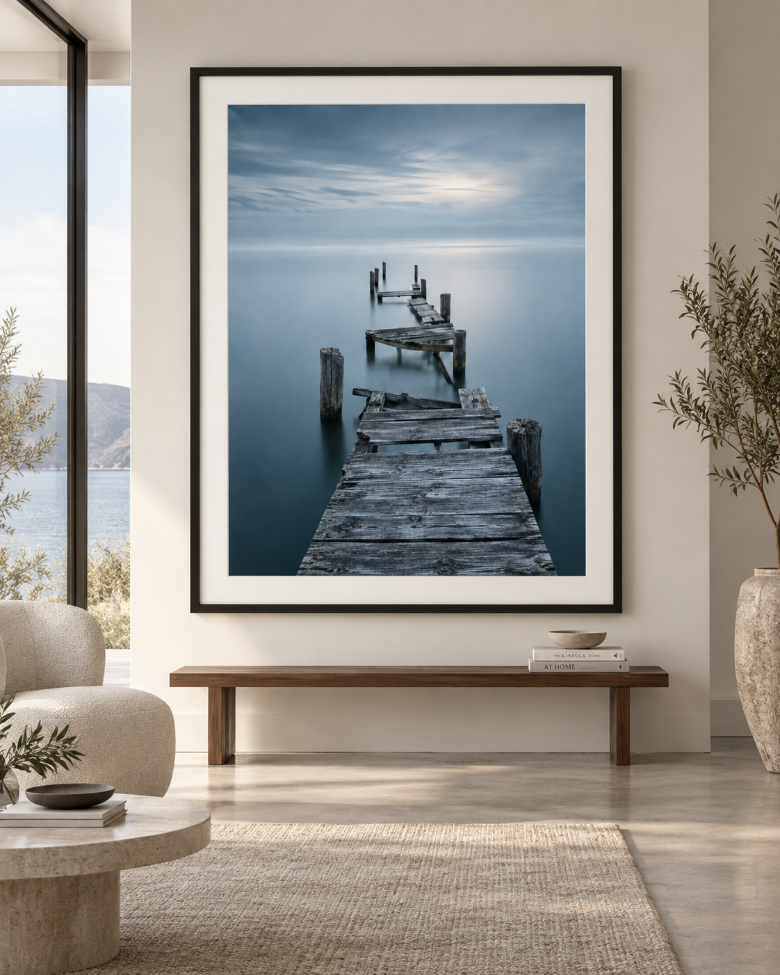 A framed photograph of an old wooden pier extending into a calm body of water, with a cloudy sky weather scene, hanging on a white wall in a modern living room.