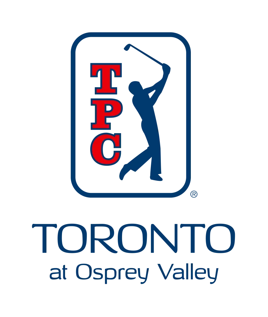 Logo of Toronto at Osprey Valley golf course featuring a golfer silhouette swinging with the letters TPC vertically aligned, enclosed in a rounded rectangle, with the text 'TORONTO at Osprey Valley' below.