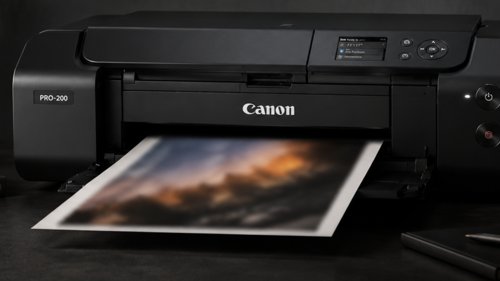 Canon PRO-200 printer printing a blurred photograph of a sunset or sunrise with a dark background.