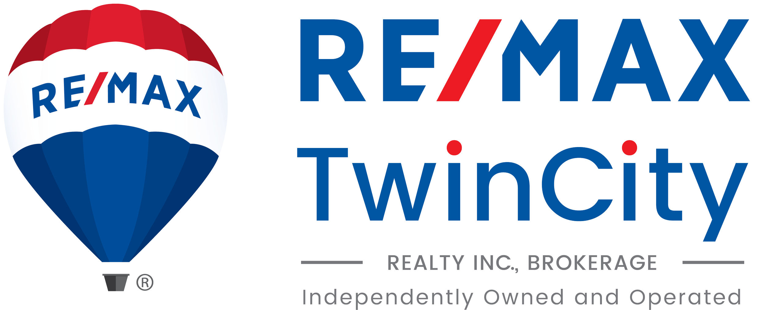 Remax Twin City real estate logo featuring a hot air balloon with red, white, and blue colors, and text indicating the company's name, brokerage status, and independence.