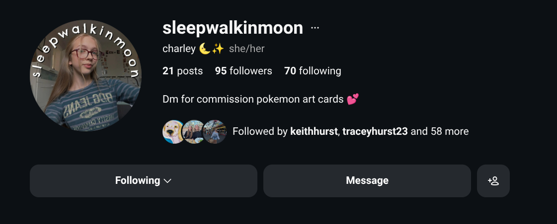 Instagram profile of user 'sleepwalkinmoon' featuring Charley with glasses and long hair, wearing a striped shirt, and the profile shows 21 posts, 95 followers, 70 following, with a bio mentioning commission Pokemon art cards.