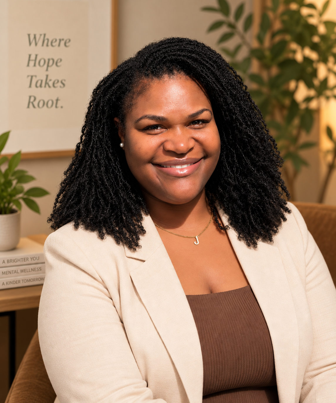 Julie Harris, psychiatric mental health nurse practitioner, smiling in a warm, welcoming office setting.