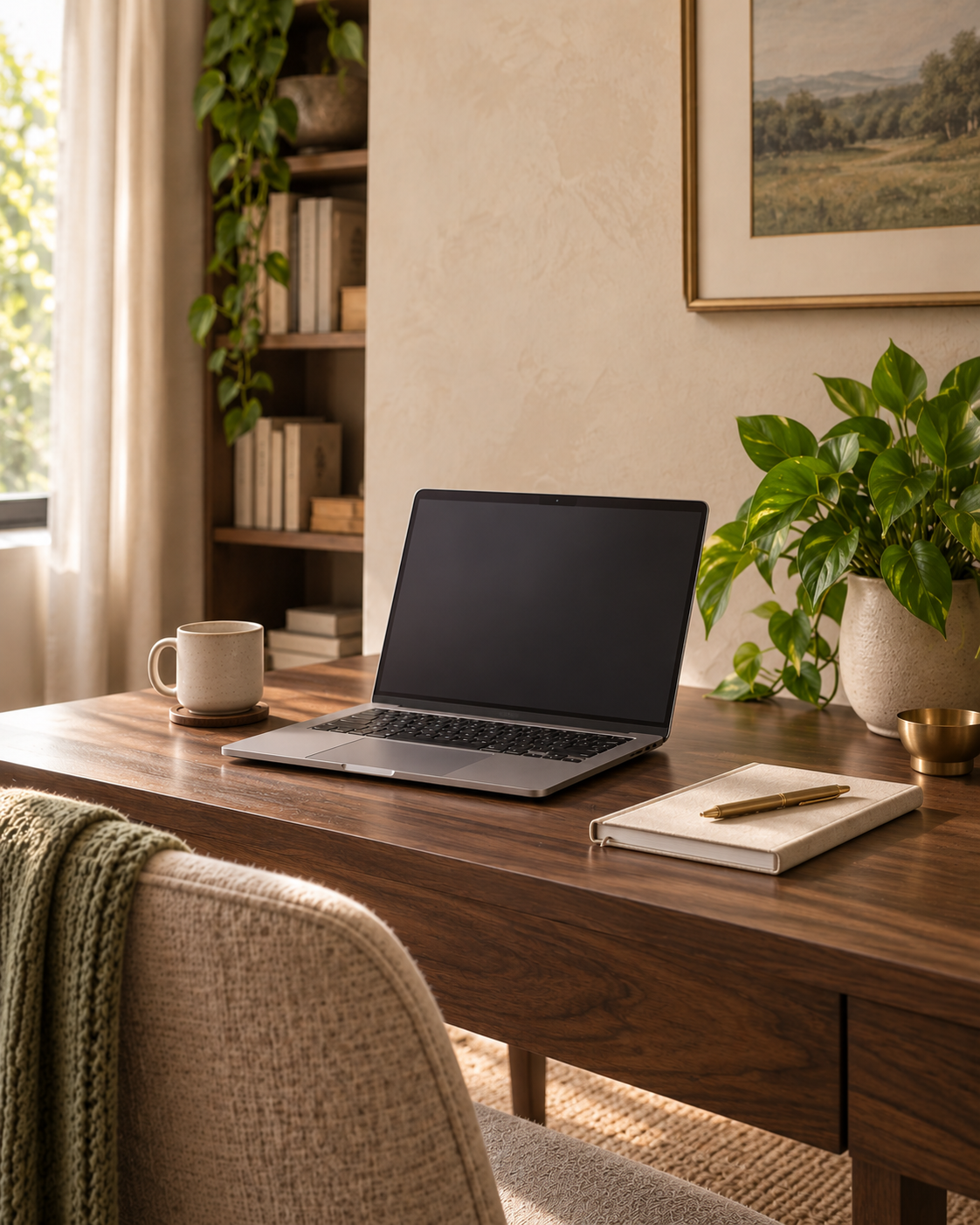 Warm telehealth workspace with an open laptop, notebook, and green plant.