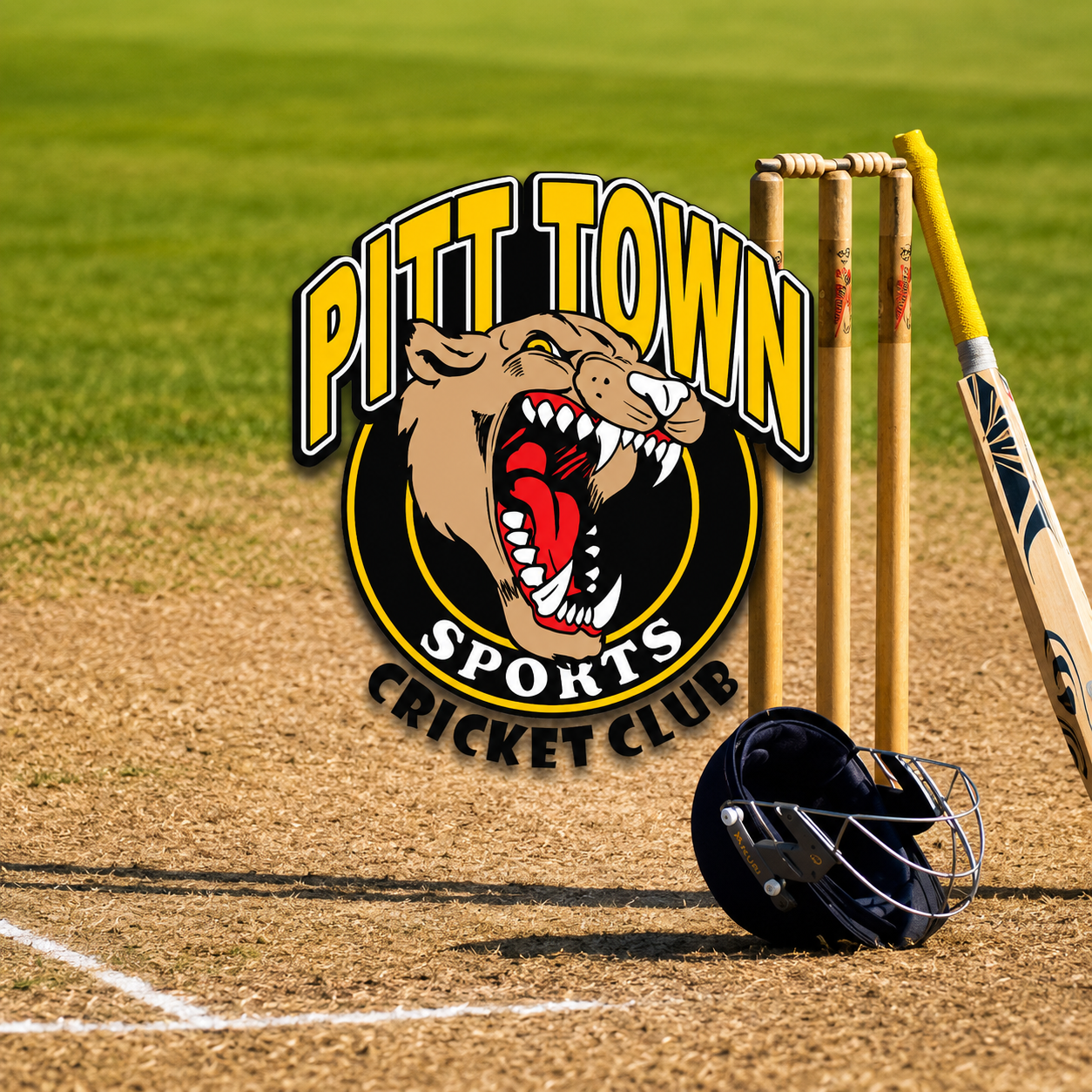 Cricket field with a Pitch Town Sports logo, cricket bat, helmet, and stumps on the pitch.