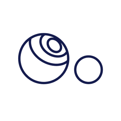 Drawing of two spheres, one larger with concentric circles and lines, and one smaller, both outlined in blue on a black background.