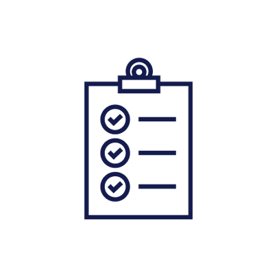 Icon of a clipboard with three checkmarks on a dark background.