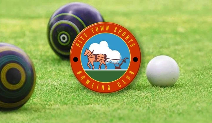 Pitttown Sports Bowling Club logo on a lawn with bowling balls and a white ball.