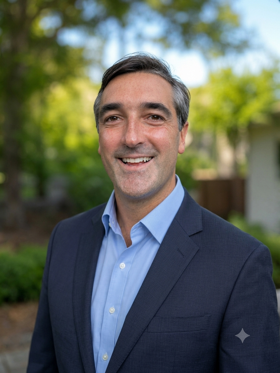 A portrait of a smiling man in a blue suit outdoors with trees and greenery in the background.