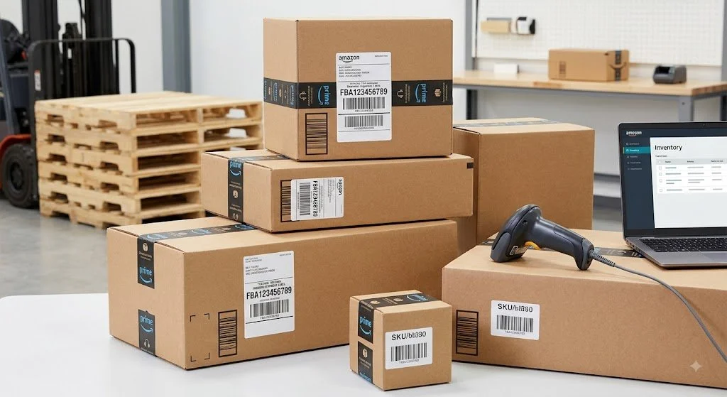 A collection of Amazon boxes on a table with a barcode scanner and laptop showing inventory management, in a warehouse or fulfillment center.