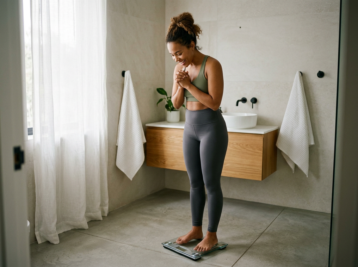 A woman in athletic wear standing on a bathroom scale with a joyful expression, hands clasped together, in a modern bathroom with light-colored walls, a window with curtains, a wooden vanity with a plant, and two white towels hanging on black hooks.