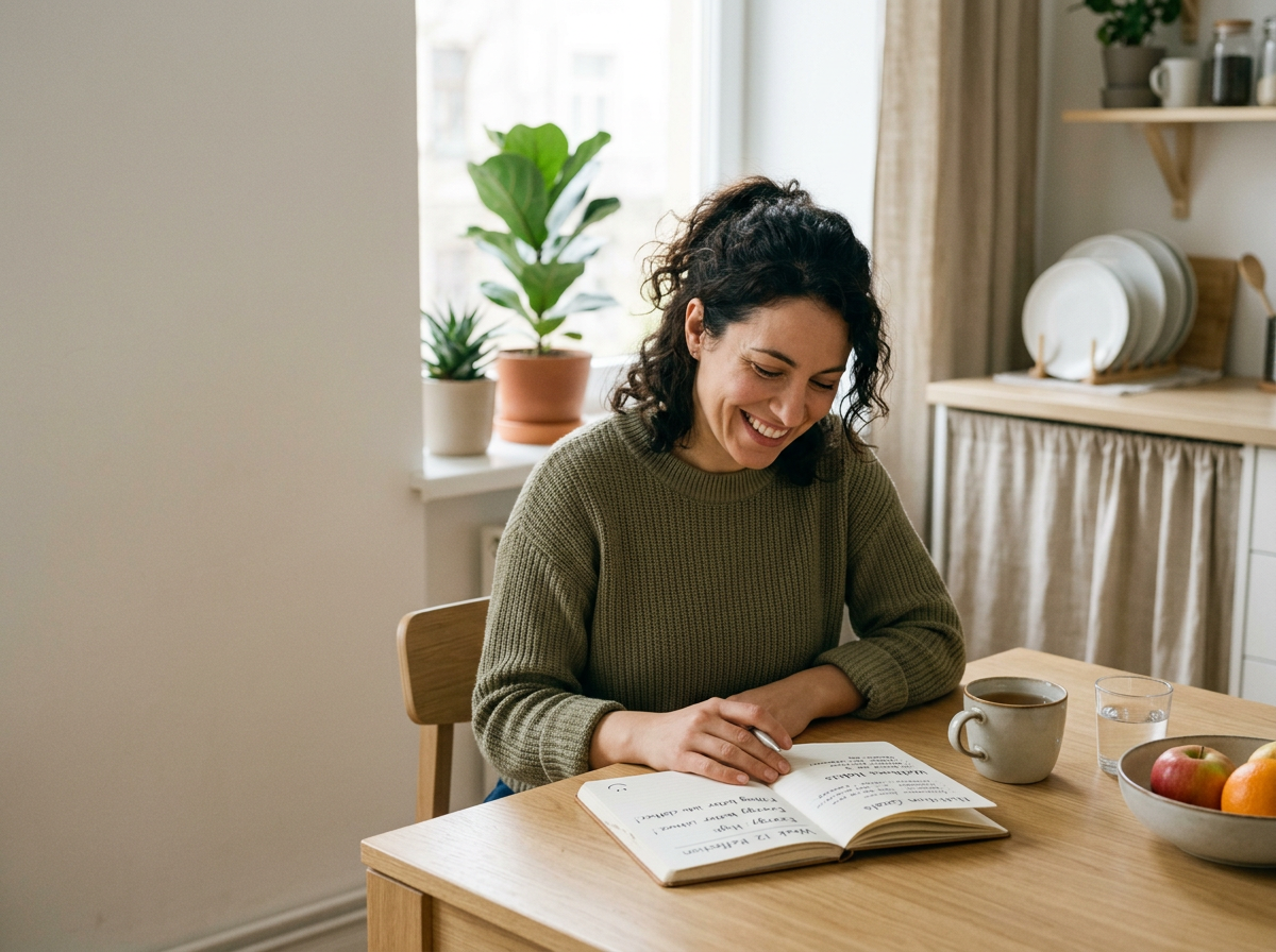 A woman with curly dark hair smiling while reading a book at a wooden table in a cozy, well-lit kitchen with potted plants and dishes.