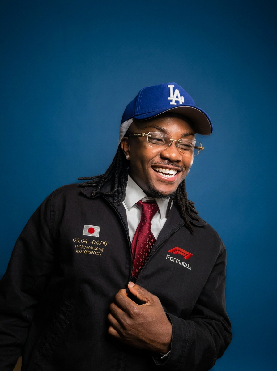 DJ Jino Spinz is shown in a professional portrait wearing glasses, a blue LA baseball cap, a black Formula 1 jacket, a white shirt, and a red tie, standing against a blue background.