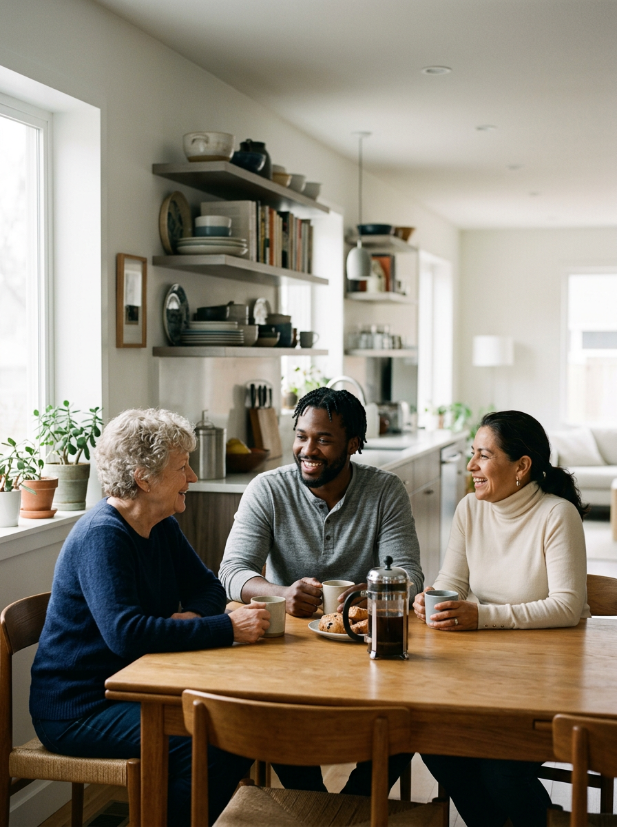 Three people sitting at a wooden dining table in a bright kitchen, engaging in conversation and smiling. A window with potted plants is in the background.