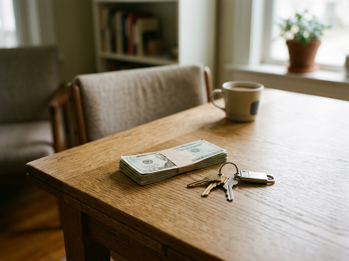 A wooden dining table with a stack of cash secured by a paper band, a set of keys with a keyring, and a coffee mug. In the background, a window with a potted plant on the windowsill and a blurred bookshelf are visible.