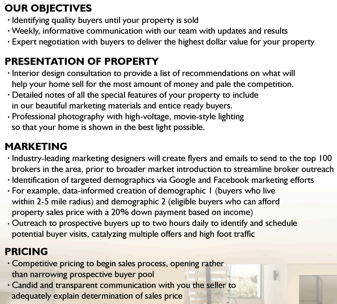 Document outlining real estate objectives, property presentation, marketing strategies, and pricing tactics.