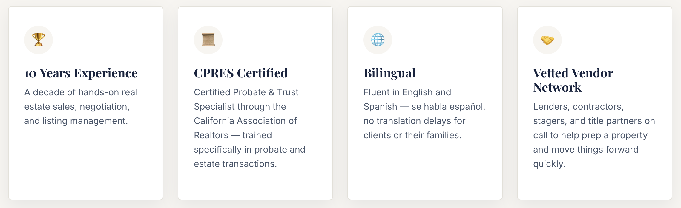 Four informational sections with icons, including a trophy, a spool of thread, a globe, and a handshake, describing experience, certification, language proficiency, and vendor network in real estate.
