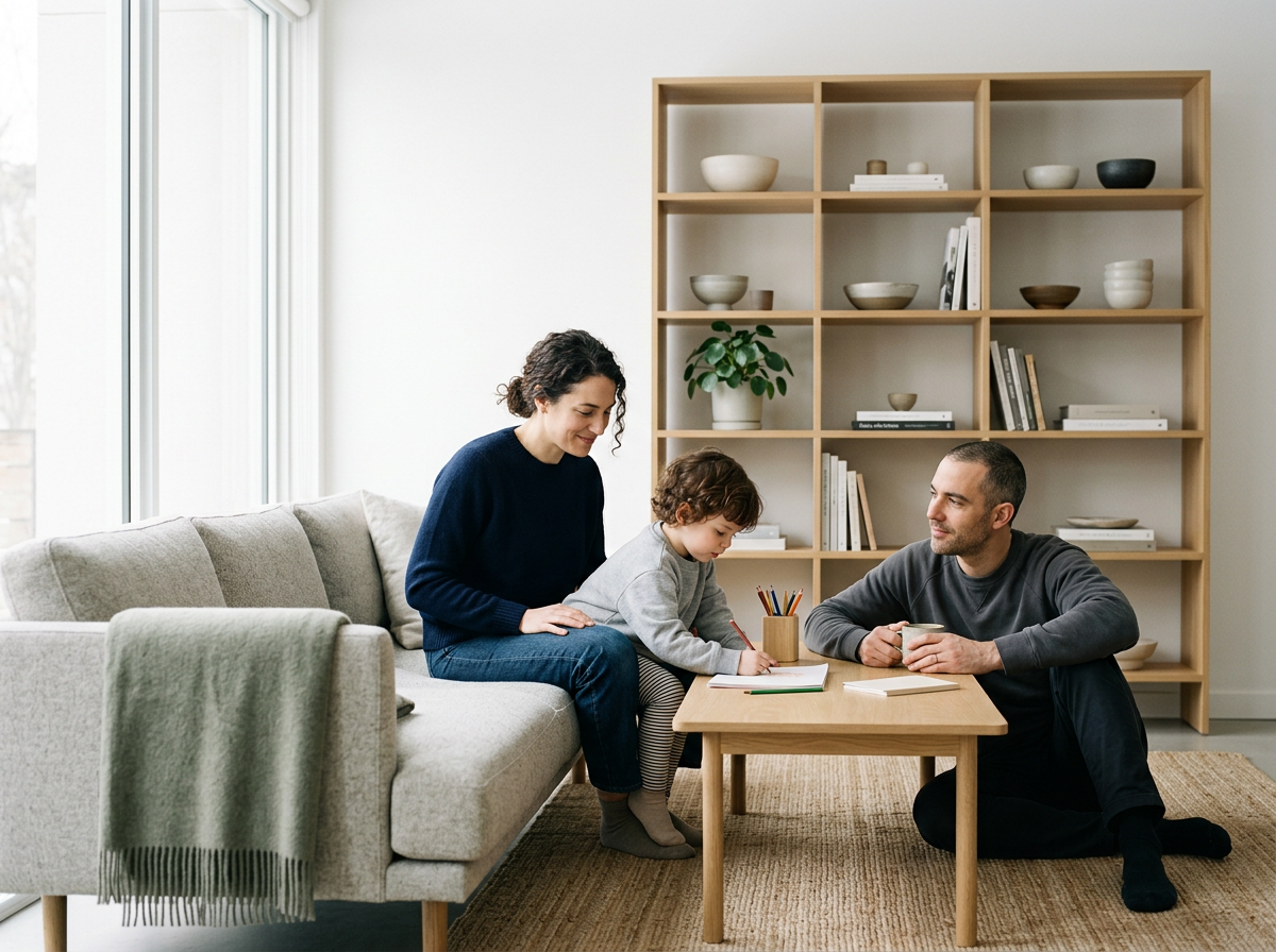 A family of three, including a mother, father, and young child, sitting in a bright, modern living room. The mother is sitting on a sofa with a green throw blanket, the father is sitting on the floor holding a mug, and the child is standing at a small wooden table drawing with colored pencils.