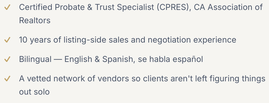 Text listing the qualifications of a real estate agent or broker, highlighting 10 years of experience, bilingual abilities in English and Spanish, and a vetted network of vendors.