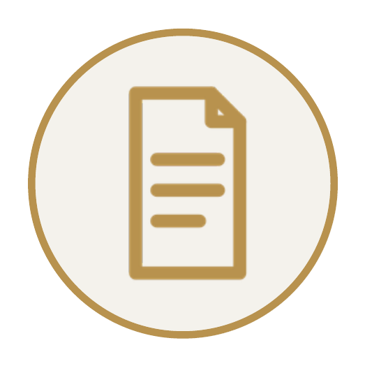 Icon of a document with lines, inside a circular border.
