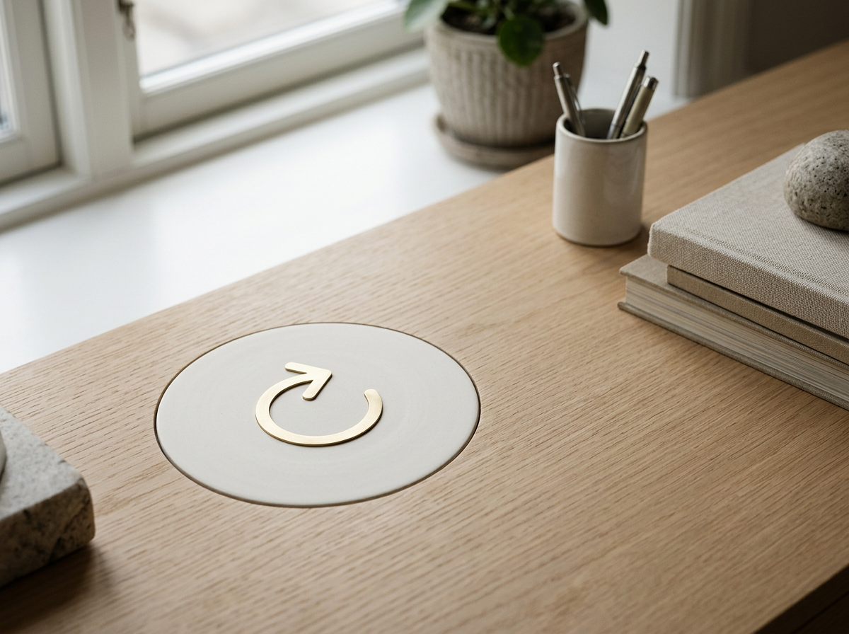 Wooden desk with a circular cable management cover featuring a gold refresh icon, a white ceramic cup holding pens, two stacked books with a stones on top, and a window in the background with a potted plant.
