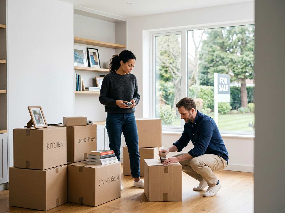 A man and woman in a room with cardboard moving boxes, some labeled 'Kitchen' and 'Living Room.' The man is sitting and using a tape dispenser on a box, while the woman stands nearby holding a phone. The room has a large window with an outside view and framed pictures and books on shelves.