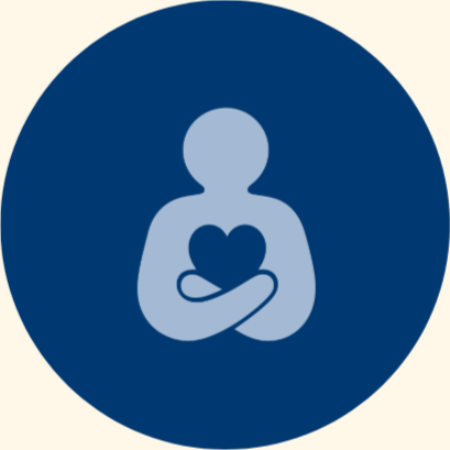 Icon of a person holding a heart in front, inside a dark blue circle.
