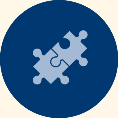 Puzzle pieces assembled in a circular blue background