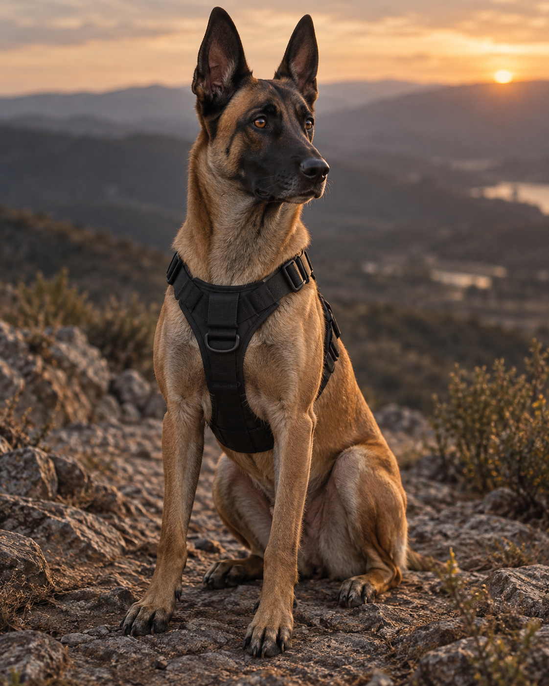 Alert Belgian Malinois in a black working harness, seated outdoors at sunset.