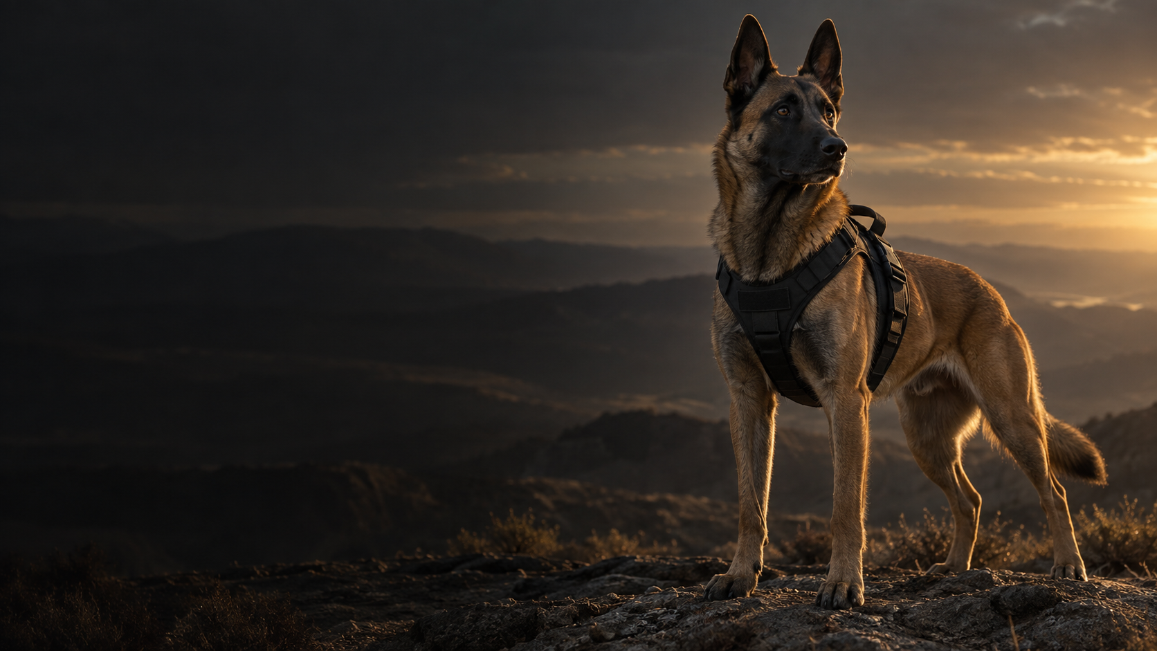 Belgian Malinois wearing a working harness on rugged terrain at dawn.
