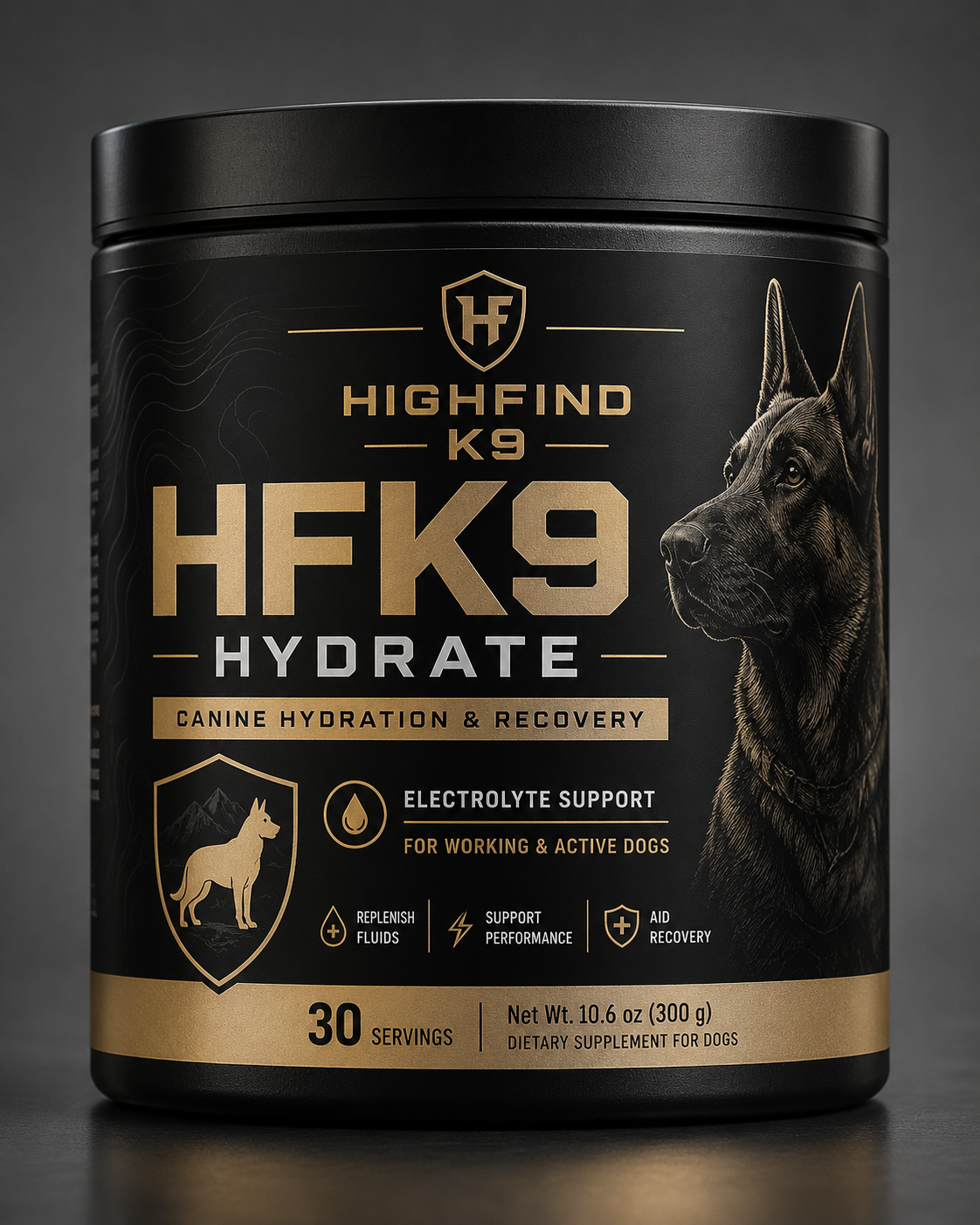 Black-and-gold HFK9 Hydrate canine hydration tub with Belgian Malinois artwork.
