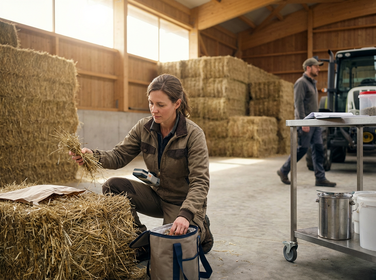 A woman inspecting hay bales in a barn, with a man in the background near a tractor and a cart with tools and containers.
