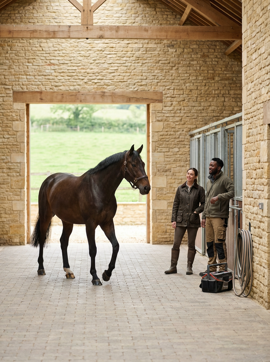 A dark brown horse standing inside an indoor stable, with two people nearby smiling and talking, one man and one woman, brick walls, a large open doorway revealing a grassy field outside.