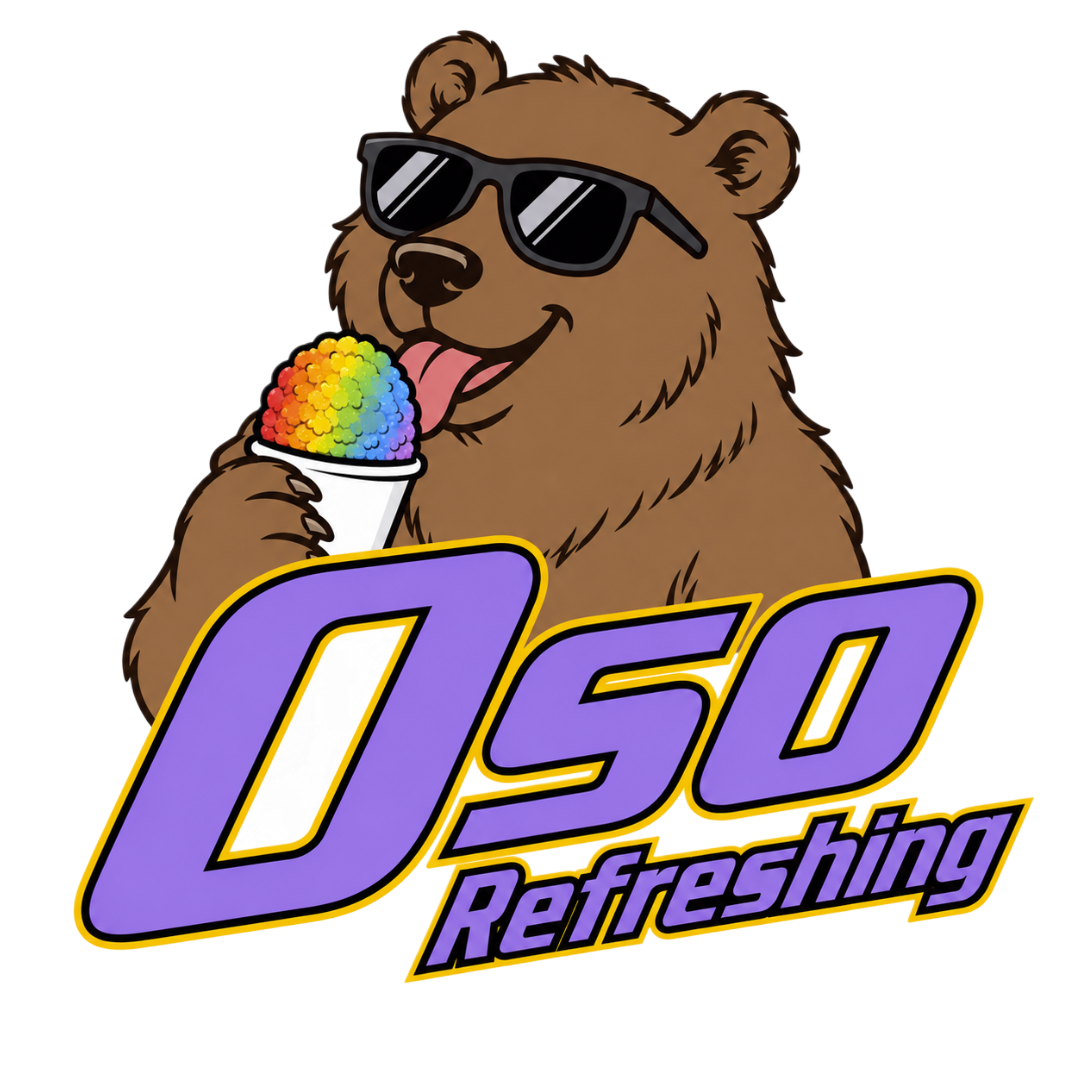 A cartoon bear wearing sunglasses, licking a rainbow-colored ice cream, with the text 'OSO Refreshing' in bold purple and yellow letters.