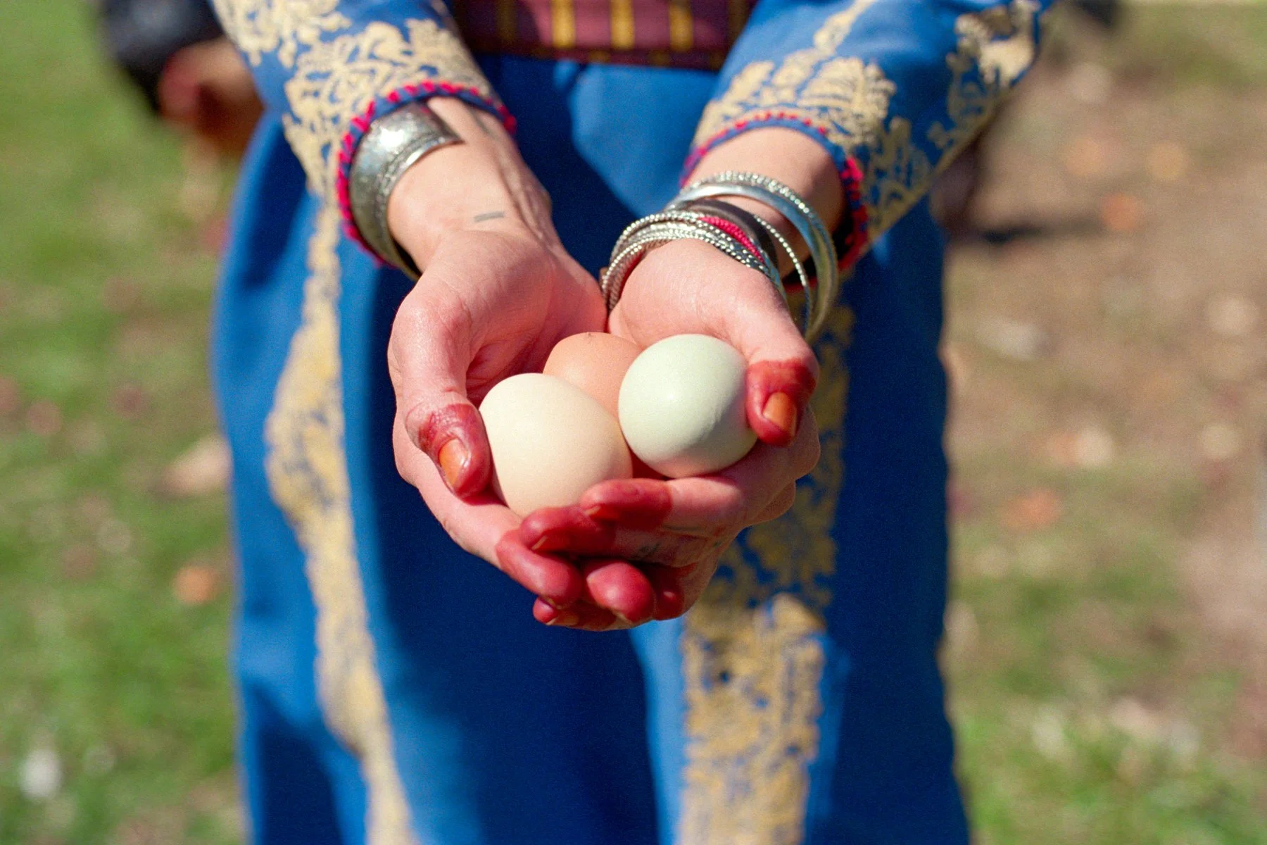 A participant holding three farm-fresh eggs outdoors, representing connection to the land and farm-based retreat workshop experience.