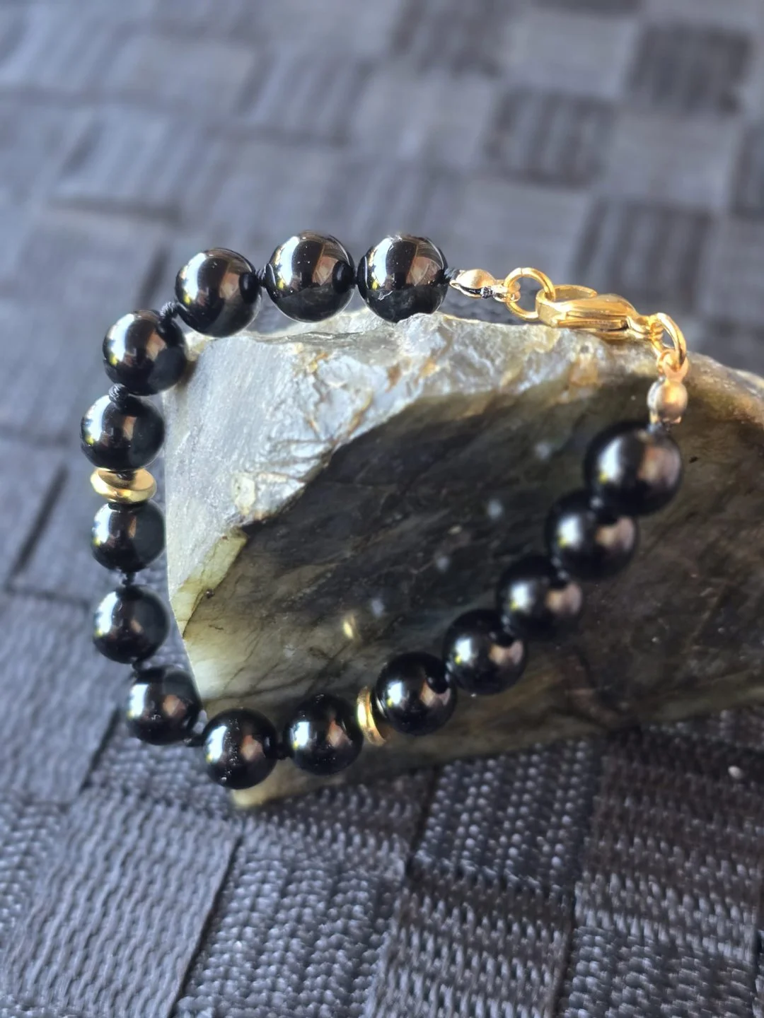 Black Obsidian Bracelet | 10mm with Stainless Steel Accents – Stone of Protection & Truth