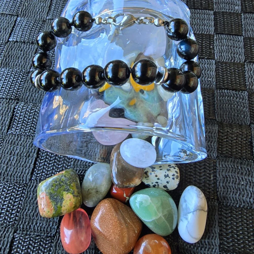 Black Obsidian Bracelet | 8 mm with Stainless Steel Accents – Stone of Protection & Truth