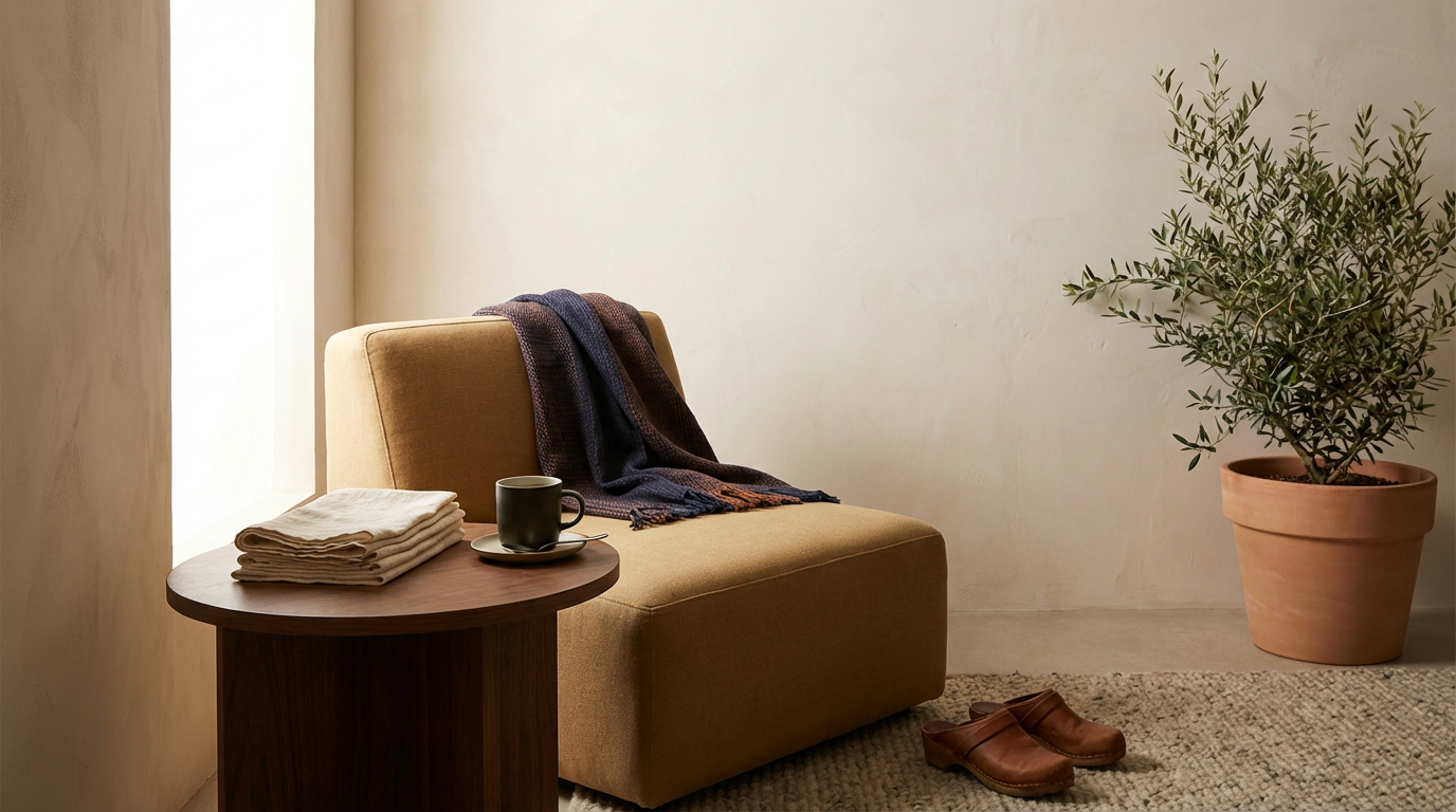 A cozy interior with a yellow armchair, a dark blue scarf draped over it, a small wooden side table with a stack of white cloths and a black cup and saucer, a pair of brown slippers on a textured rug, a large potted plant in a terracotta pot, and soft natural light coming through a white curtain.