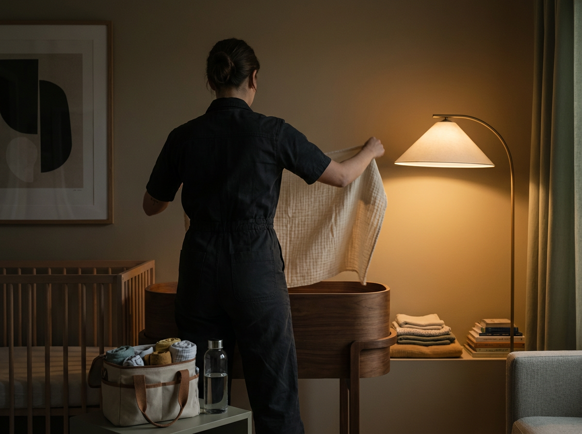 A woman with her hair in a bun, wearing a black uniform, is folding or unfolding a cloth over a wooden bassinet in a softly lit room. There is a lamp on a side table, and a stack of books and folded towels on another surface nearby. A beige curtain partially covers a window.