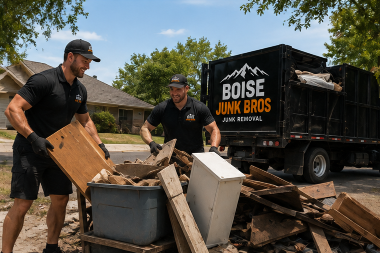 Two men wearing black work uniforms and gloves are sorting through a pile of wooden debris and other junk on the street. A black truck with the logo 'Boise Junk Bros Junk Removal' is parked nearby, with its back open to hold more debris. Trees and a suburban house are visible in the background.