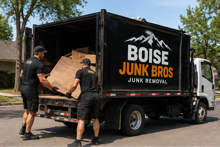 Two men loading wooden furniture into a black Boise Junk Bros junk removal truck on a neighborhood street.